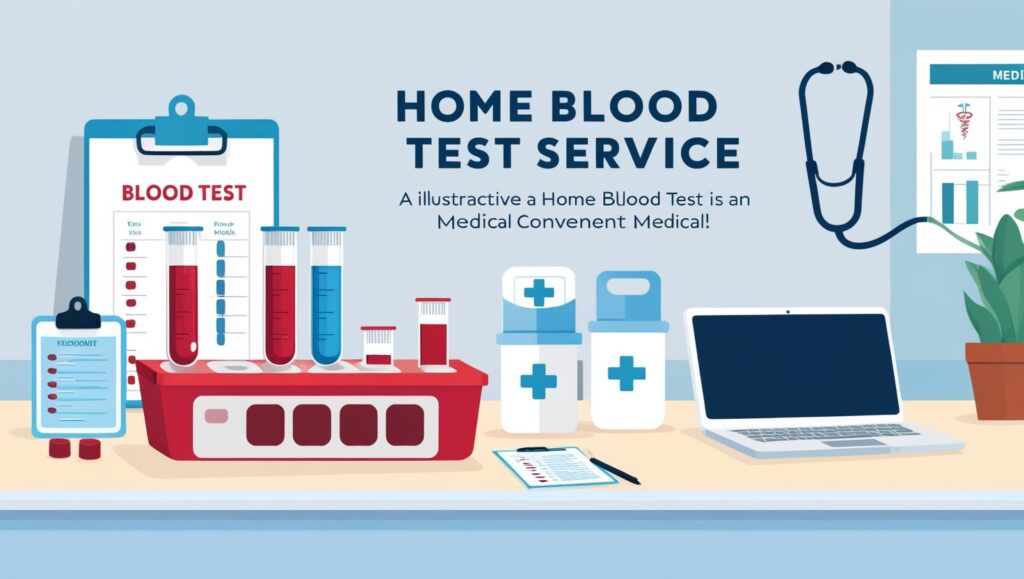 Smiling woman at home using a medical kit with a tablet displaying health results, representing a convenient home blood test service.