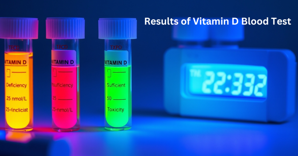 "A medical report showing Vitamin D blood test results with highlighted ranges for deficiency, sufficiency, and optimal health."